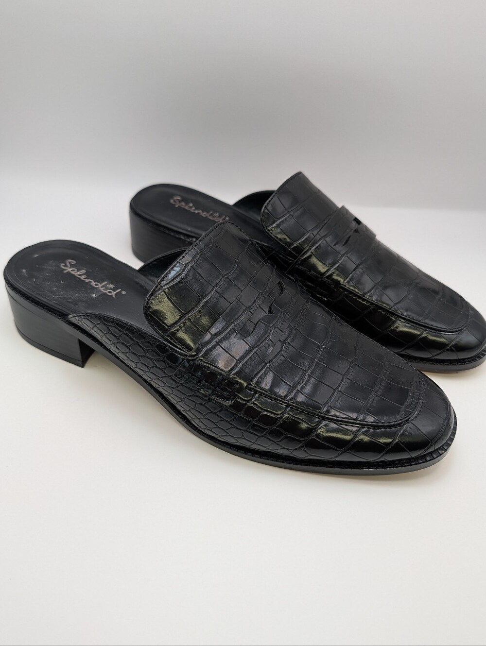 Splendid Dora Black Croc Embossed Mule Loafers Block Heel
